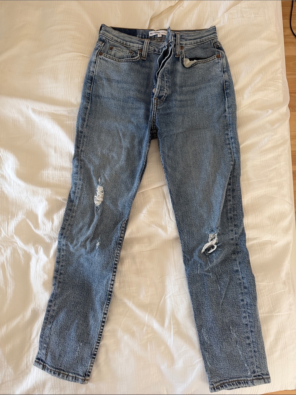 Re/Done Light Blue Straight-Leg Distressed Jeans